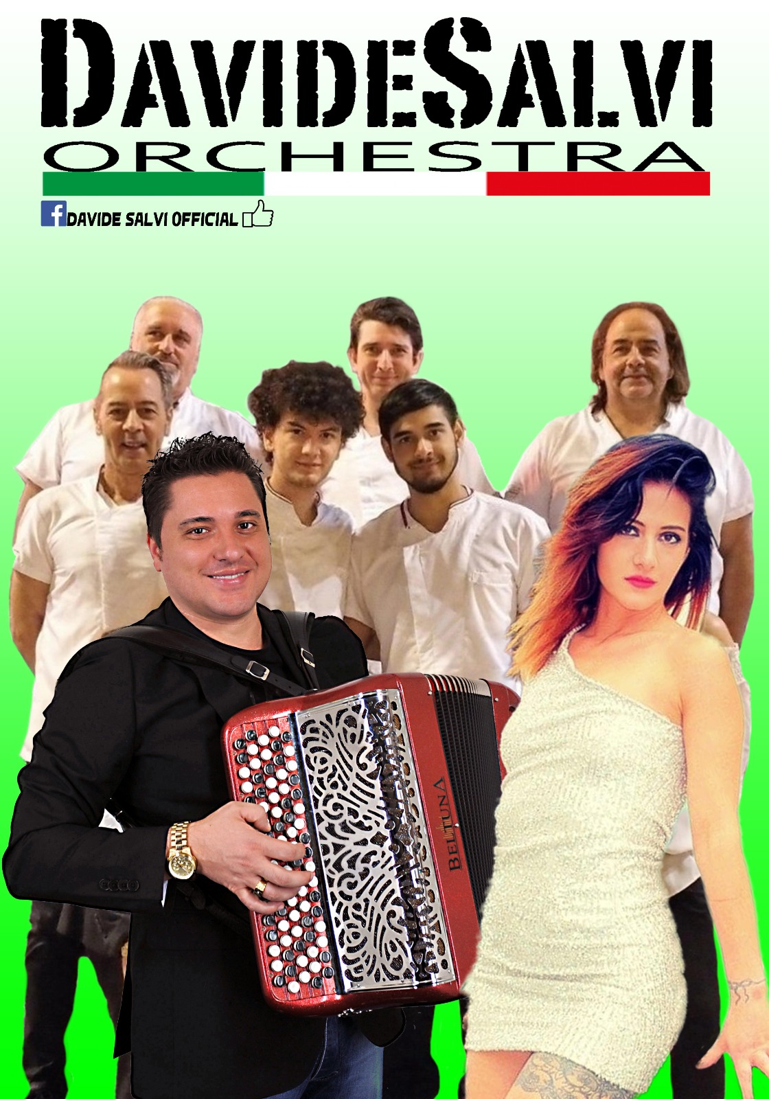 Foto promozionale dell'Orchestra Davide Salvi con musicisti e fisarmonicista in primo piano